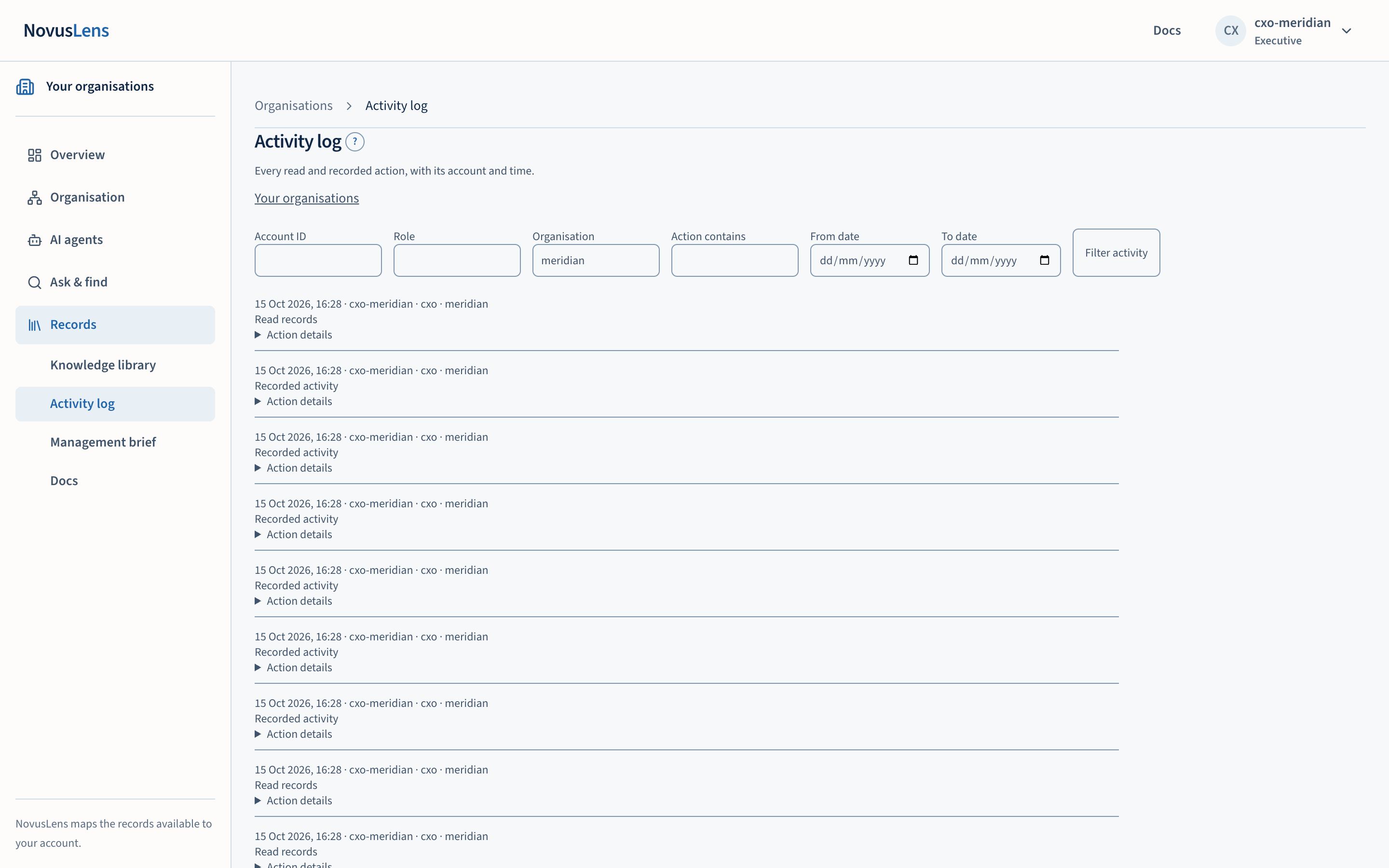 The activity log: every recorded action, by whom, with its reason; filter by person, role, date and action.