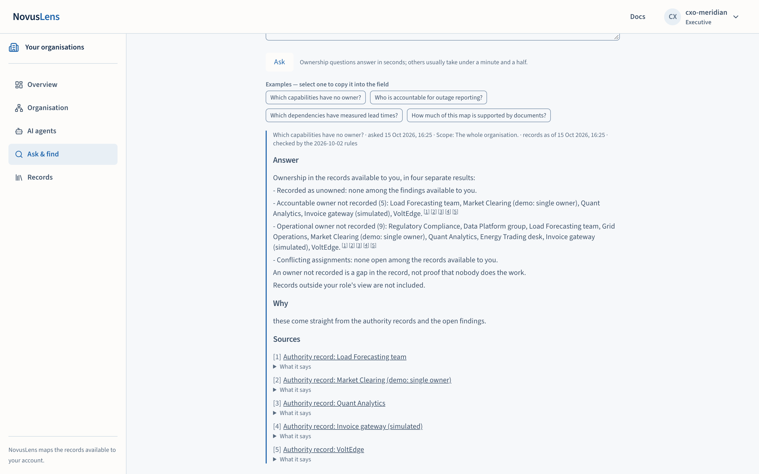 Ask: the kind of question, the scope, the question, and an answer from the records — here an ownership question answered in four separate results.