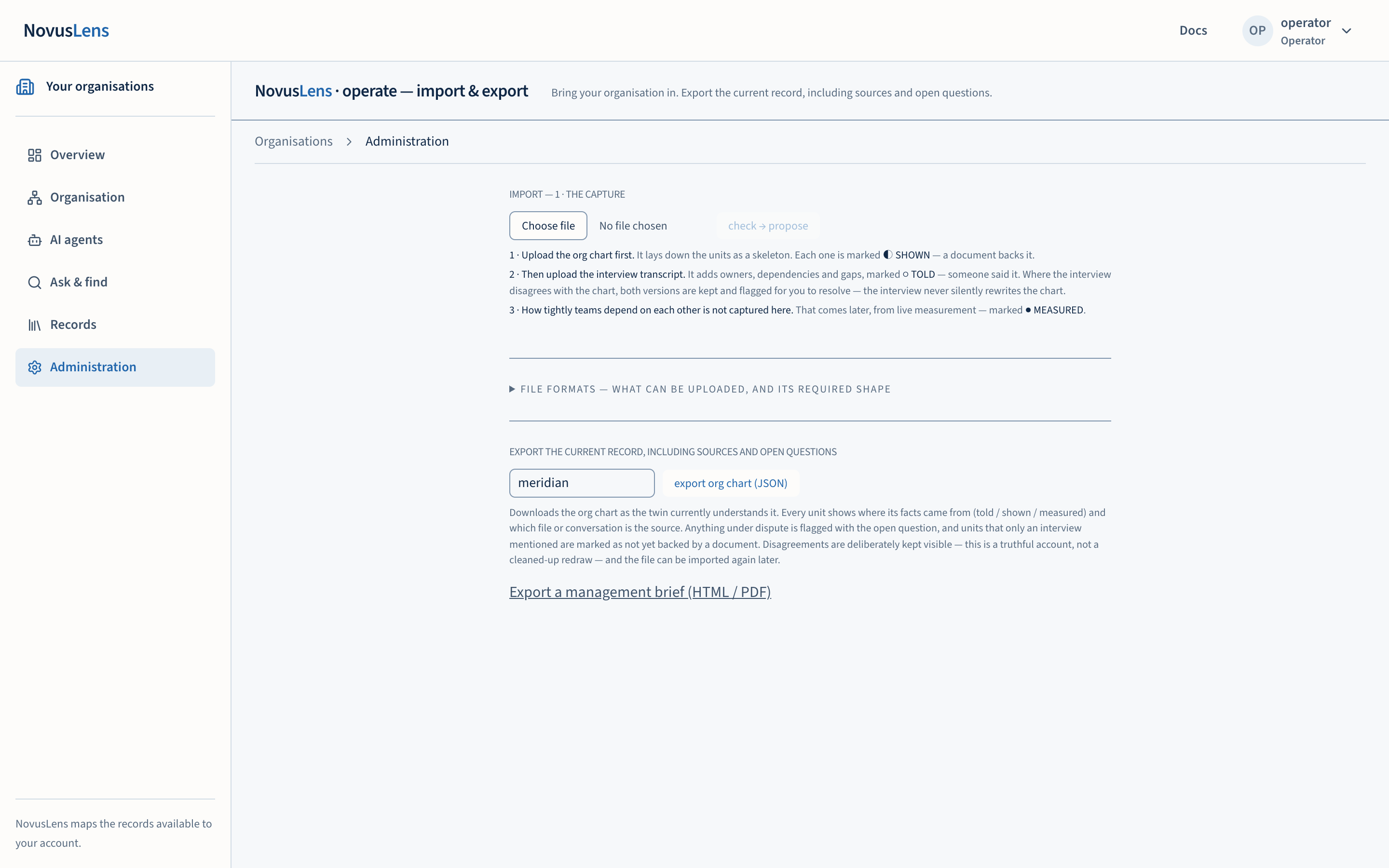 The import page: org chart first (shown), interview transcript second (told), with export beside it.