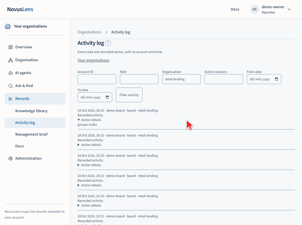 Records, Activity log for retail-lending, signed in as the operator demo-owner: filters for account, role, organisation, action and dates, then one row per act with its time, account, role and organisation; the first row's Action details are open and show groups-index.