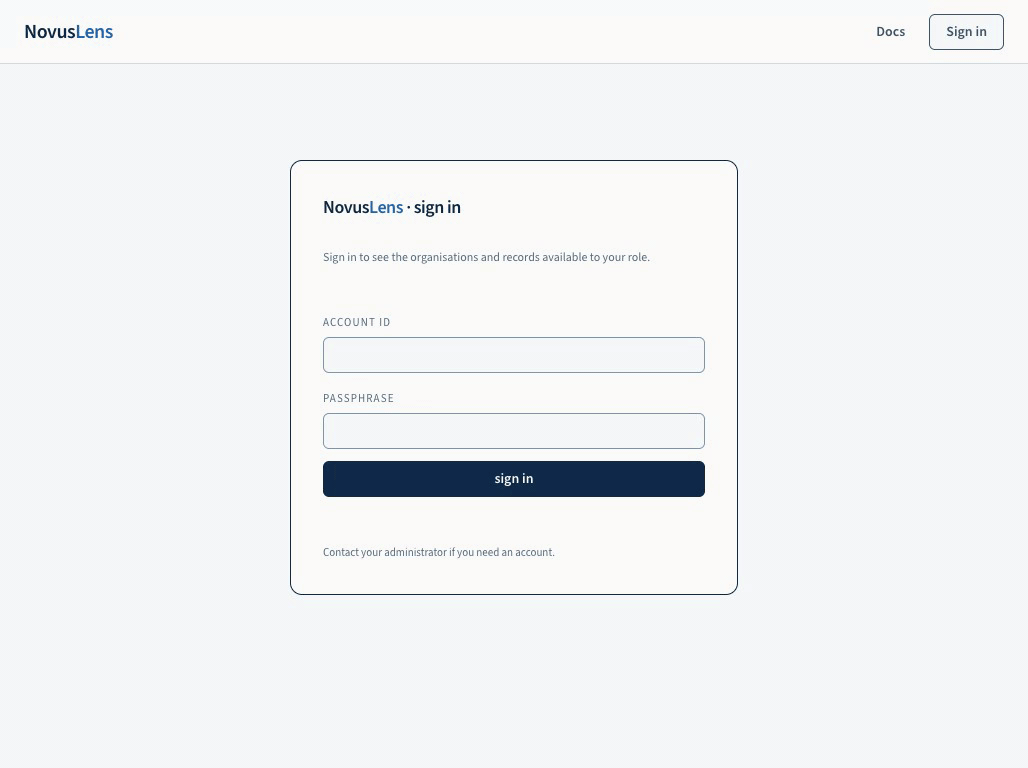 Animation: sign in as the operator, select the Retail Lending organisation on the organisations index, open Docs, then expand Product Guide in the sidebar and open its first page.