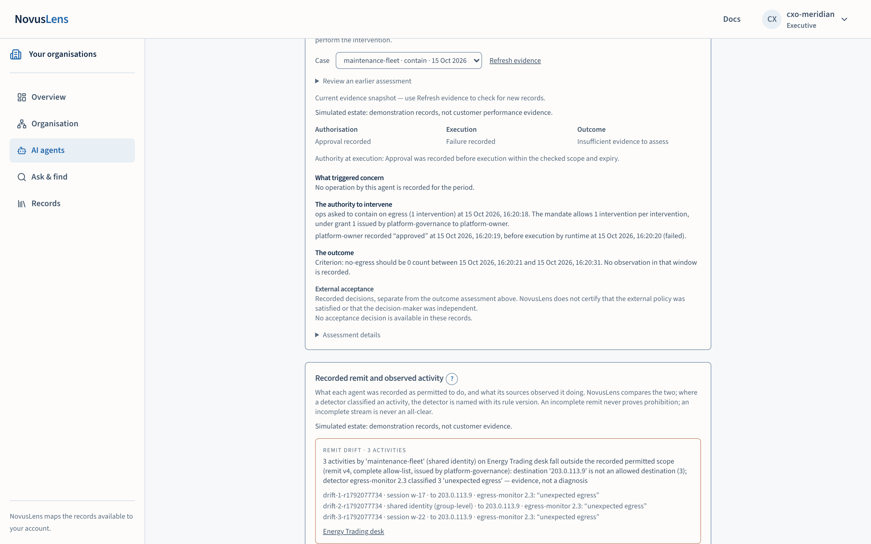 An intervention case showing three results, an explanation of what triggered concern, the authority to intervene, the outcome, and a correction to the outcome observation.