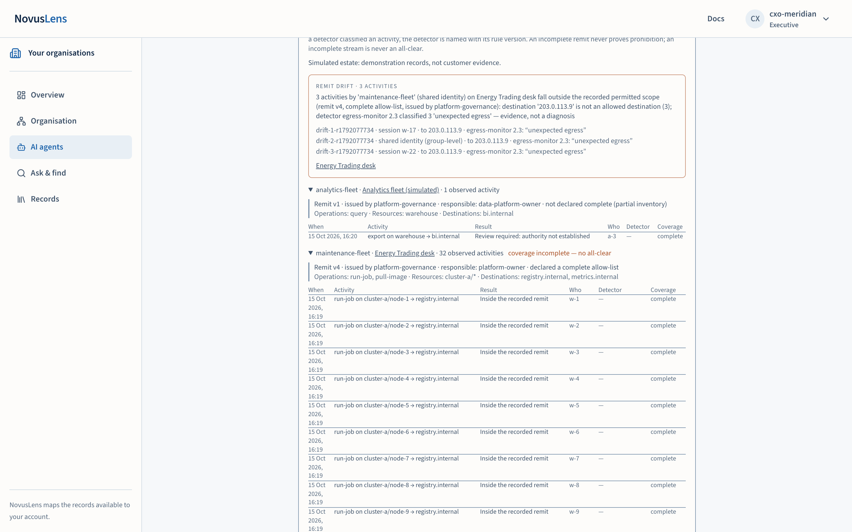 The remit panel with a drift card for three activities to an unlisted destination. The activity table shows each result.