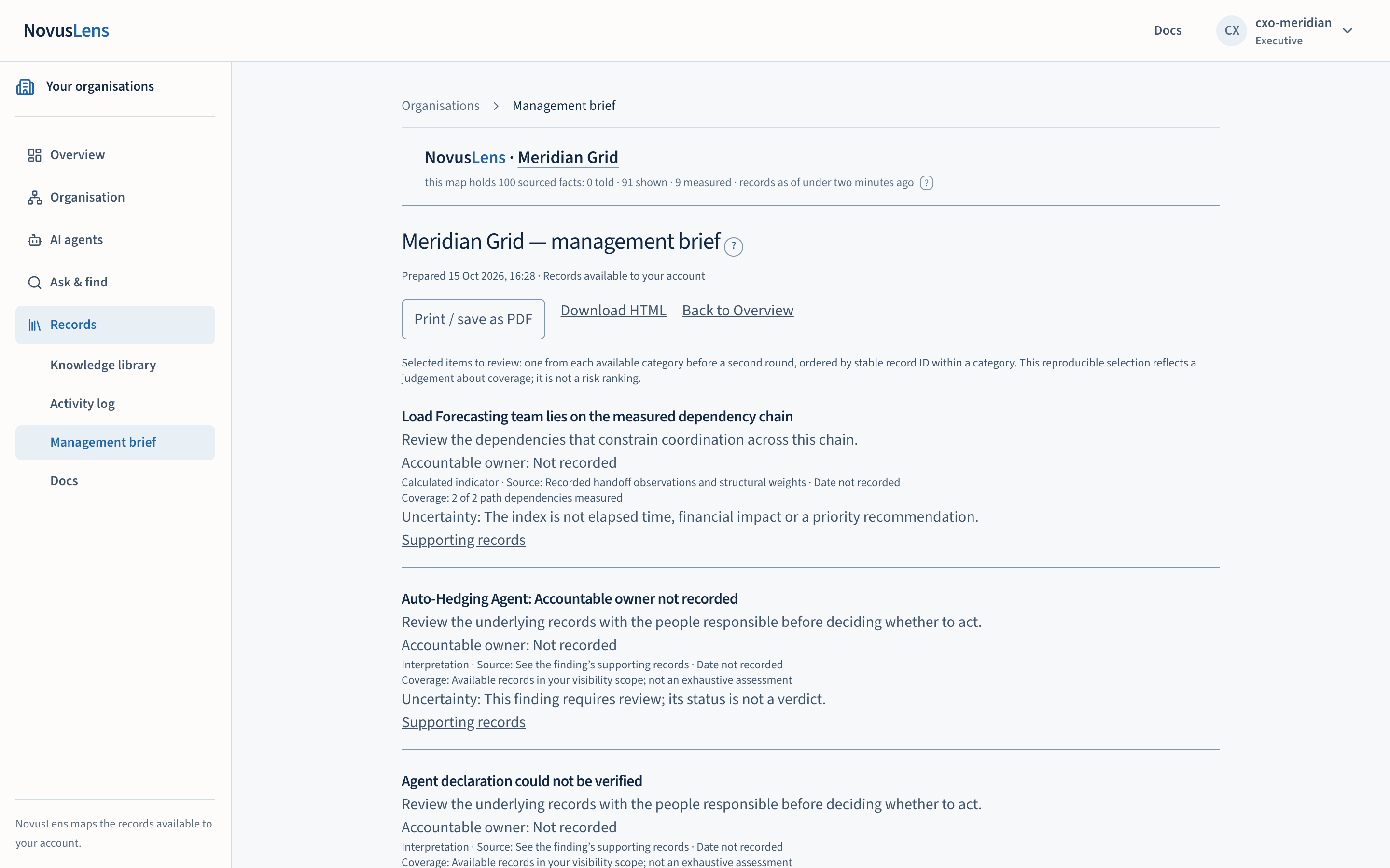 The management brief with Print, Download HTML and Back to Overview controls. Each selected item names its owner, source, coverage and uncertainty.