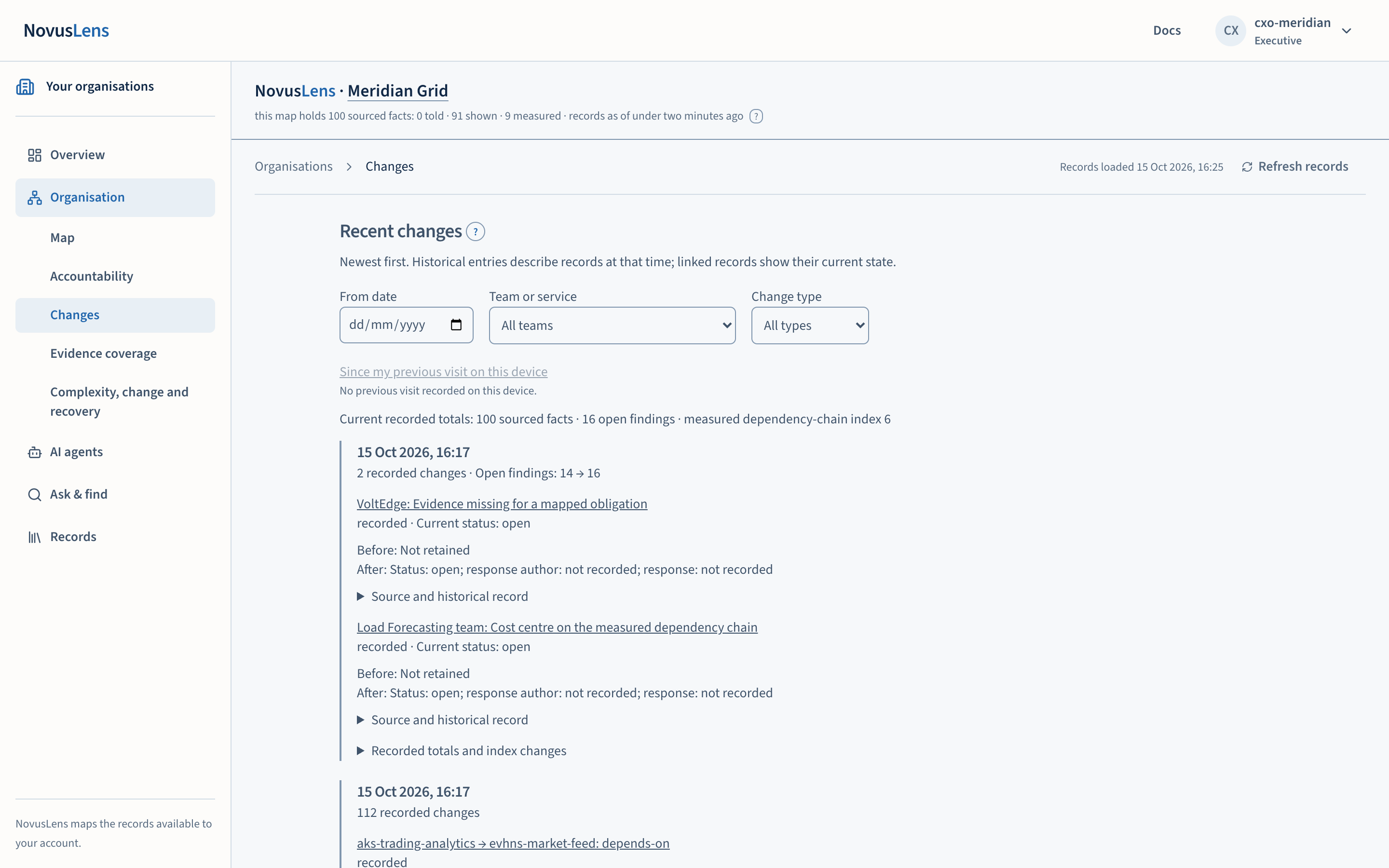 The Changes page under Organisation, with filters for date, team and change type above a list of recent changes.
