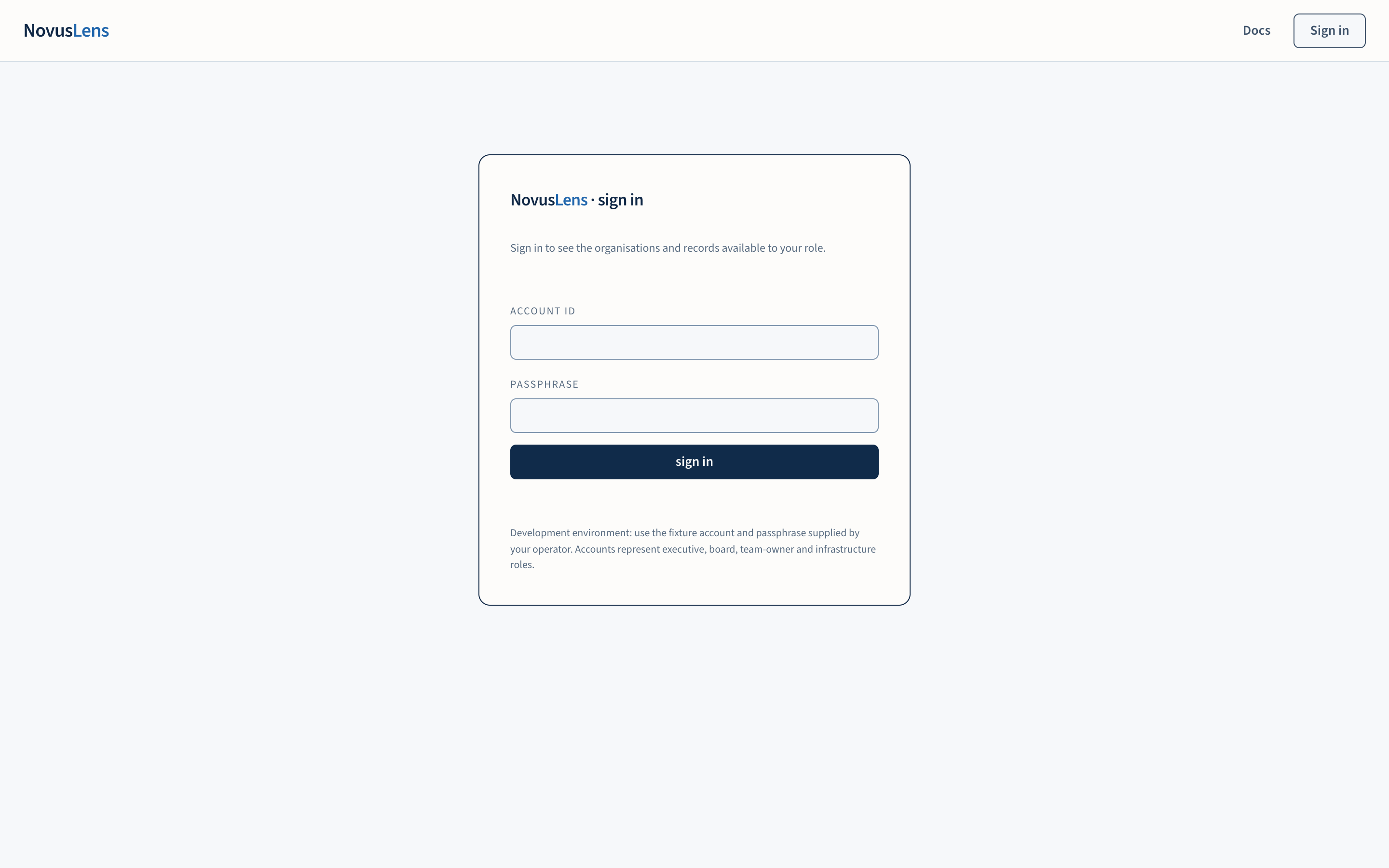 The NovusLens sign-in page with an account ID field, a passphrase field and a sign in button.