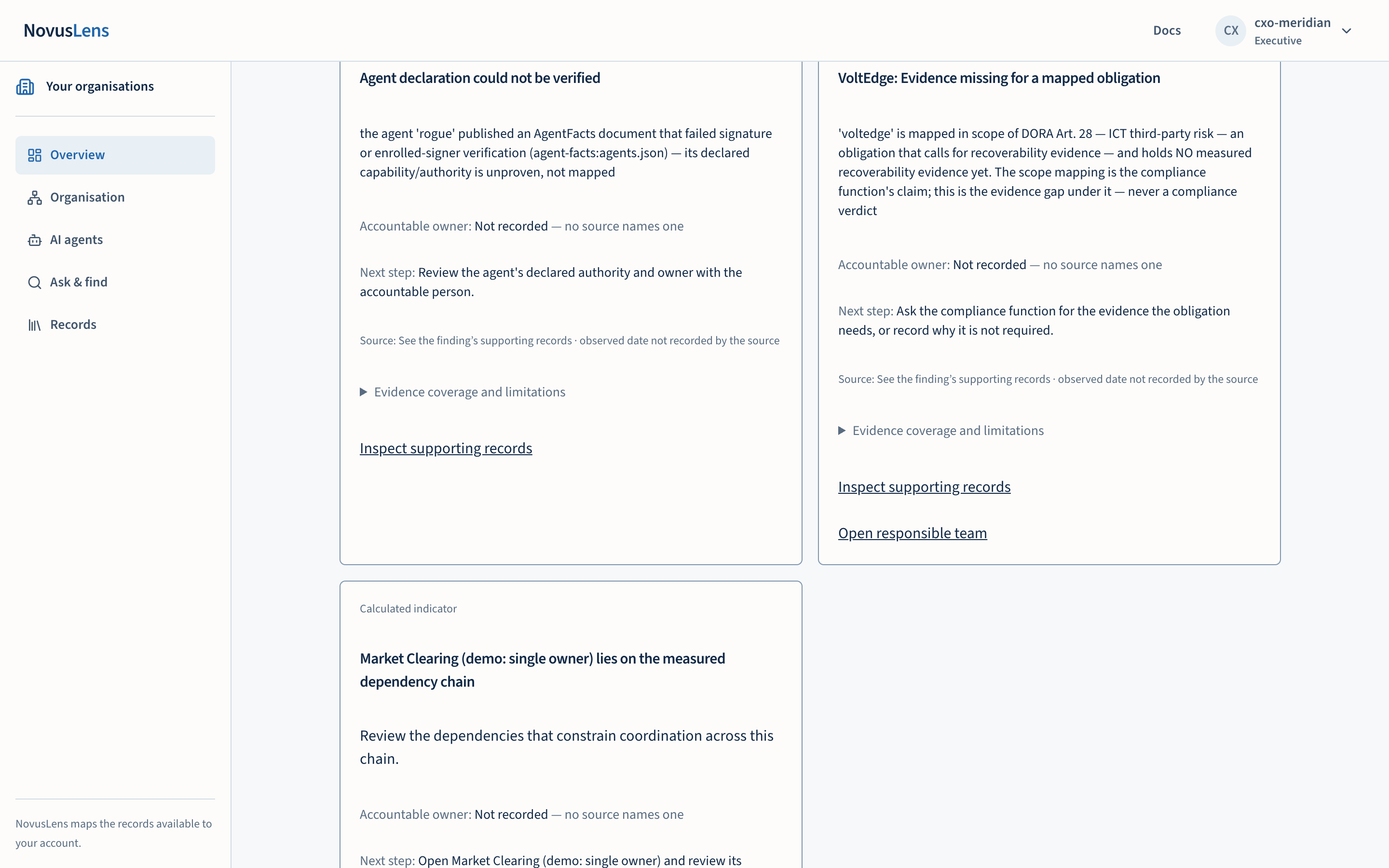 The overview showing a card about a regulatory obligation with its owner line, next step and source.